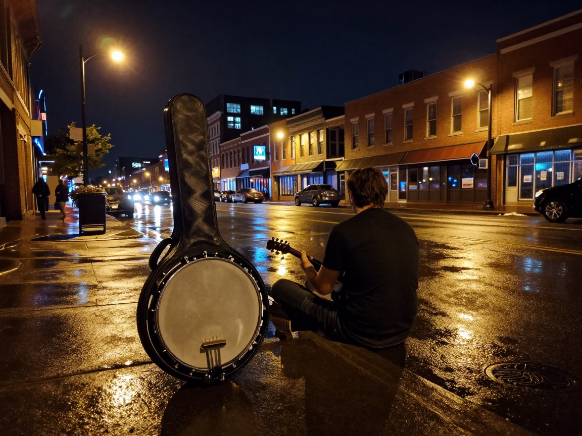 Late Night Nashville Street Scene with Banjo Case and Wet Asphalt Reflections in in Nashville, Tennessee, United States