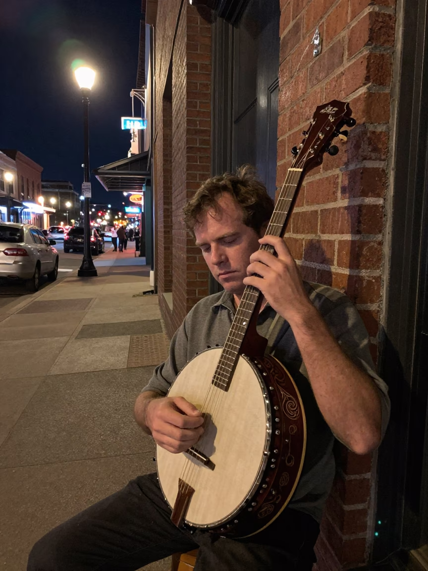 Late Night Nashville Street Scene with Bluegrass Banjo and Neon Reflections in in Nashville, Tennessee, United States