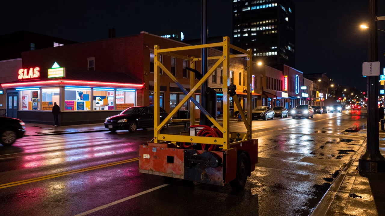 Late Night Nashville Street Scene with Bridge Maintenance Cradle and Glass Bowl Reflection in in Nashville, Tennessee, United States