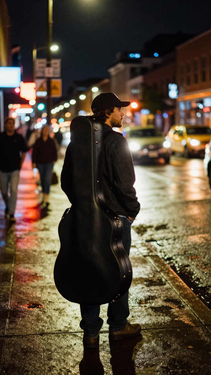 Late Night Nashville Street Scene with Guitar Case and Neon Reflections in in Nashville, Tennessee, United States