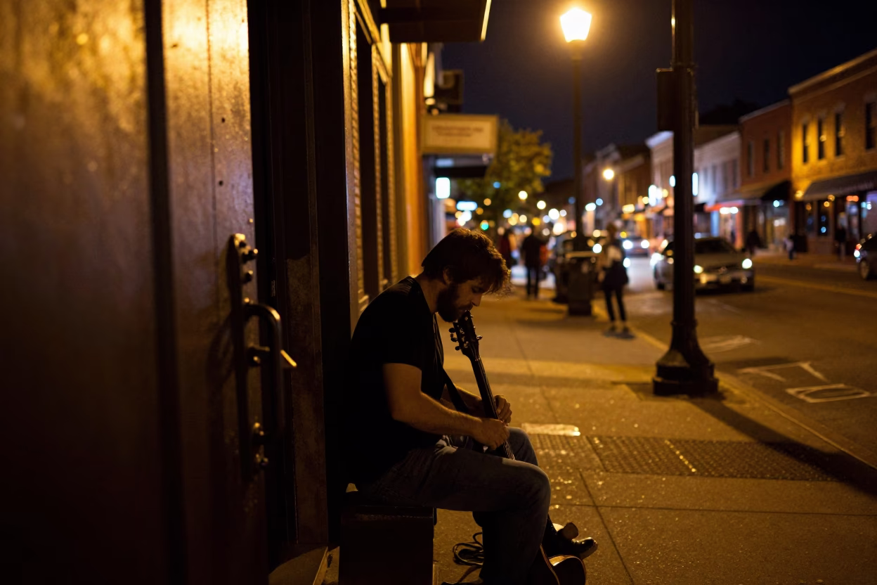 Late Night Nashville Street Scene with Iron Deadbolt and Tool Caddies in in Nashville, Tennessee, United States