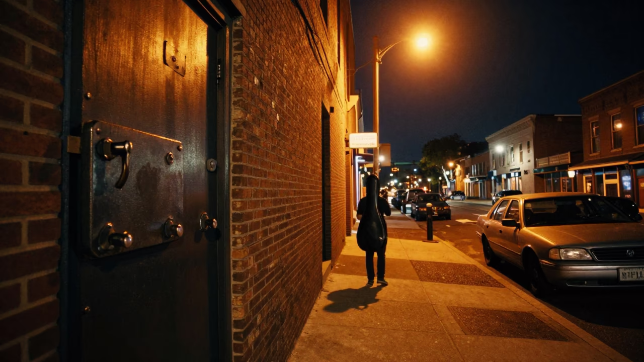 Late Night Nashville Street Scene with Iron Deadbolt and Violin Case in in Nashville, Tennessee, United States