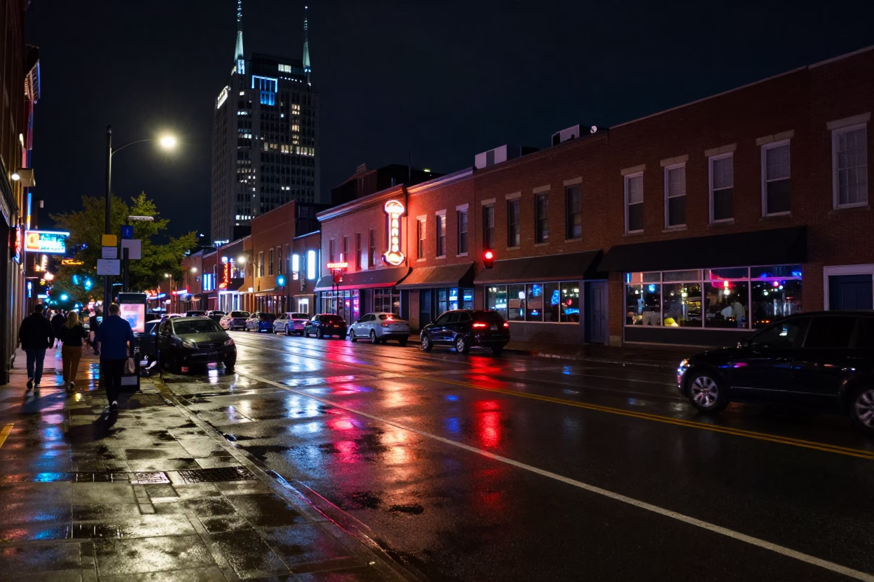 Late Night Nashville Street Scene with Neon Lights and Newspaper Stacks in in Nashville, Tennessee, United States