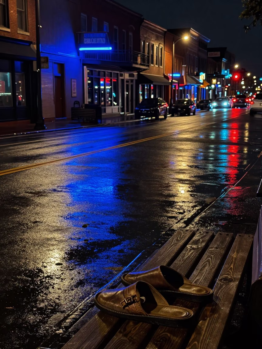 Late Night Nashville Street Scene with Neon Reflections and Urban Details in in Nashville, Tennessee, United States