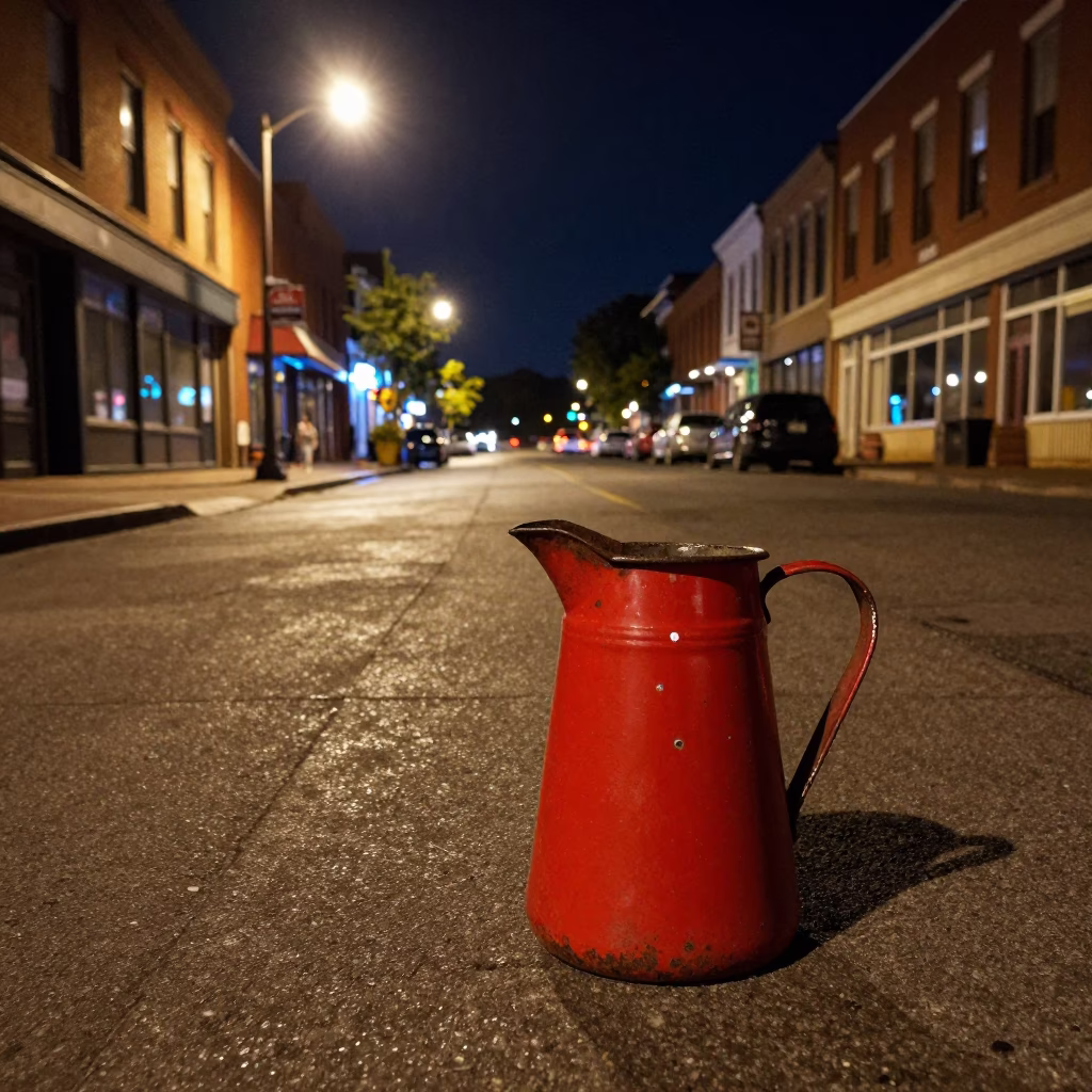 Late Night Nashville Street Scene with Rusty Enamel Pitcher and Construction Equipment in in Nashville, Tennessee, United States