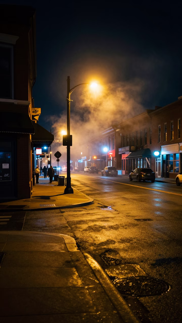 Late Night Nashville Street Scene with Steam Haze and Vintage Automobile in in Nashville, Tennessee, United States