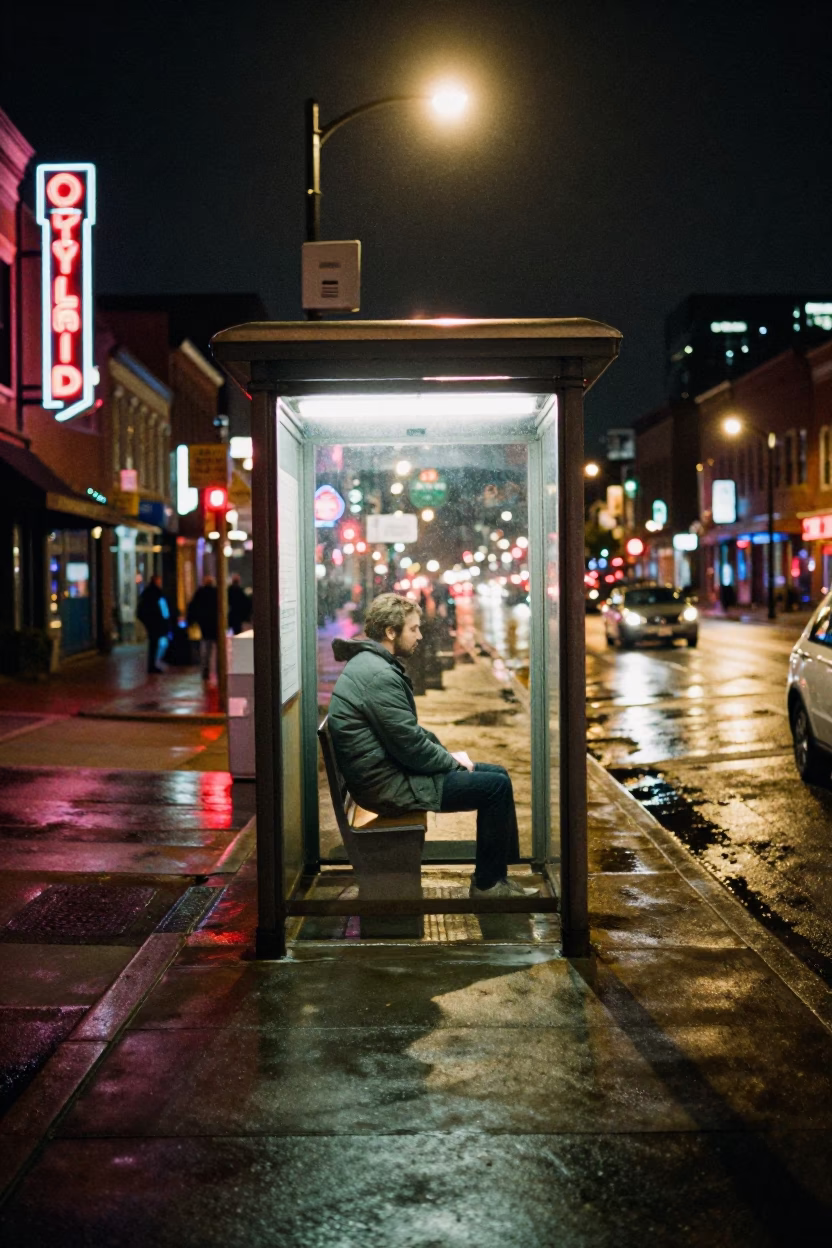 Late Night Nashville Street Scene with Vintage Bus Stop and Neon Sign Reflections in in Nashville, Tennessee, United States