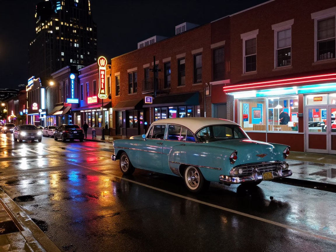 Late Night Nashville Street Scene with Vintage Car and Neon Signs in in Nashville, Tennessee, United States