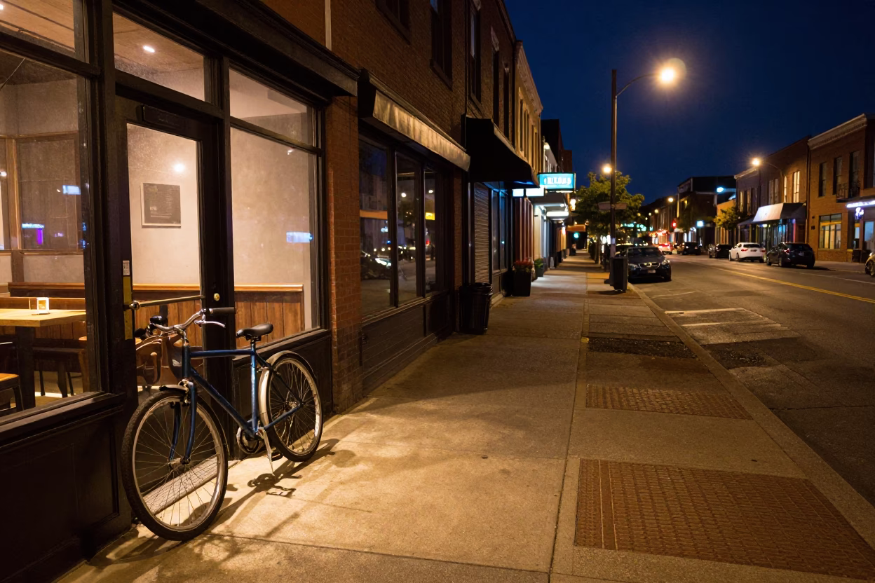 Late Night Nashville Tennessee Street Scene with Bicycle Leaning Against Cafe in in Nashville, Tennessee, United States