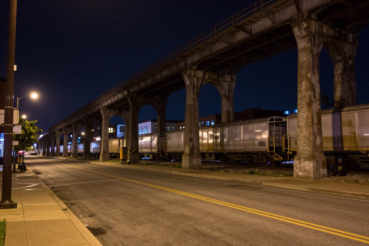 Late Night Nashville Tennessee Street Scene with Railway Viaduct and Passing Train in in Nashville, Tennessee, United States