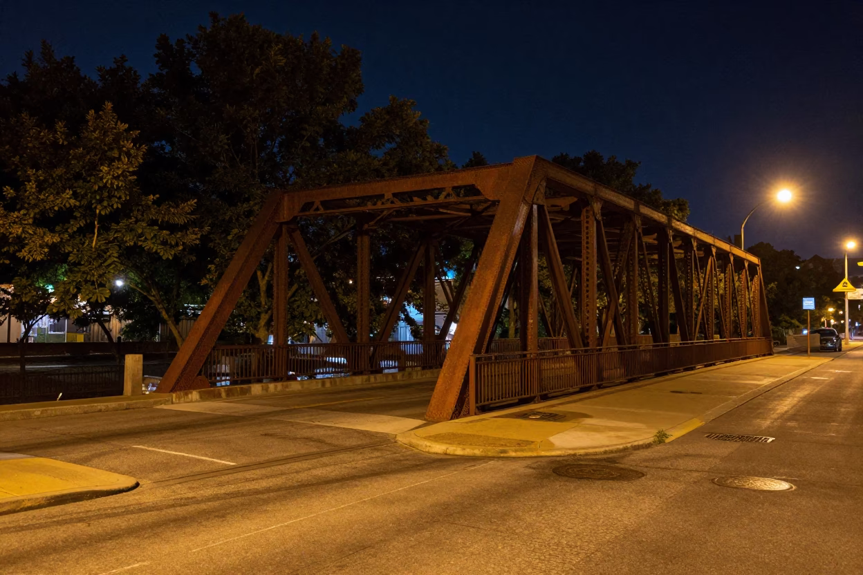 Late Night Nashville Tennessee Street Scene with Rusted Drawbridge and Urban Decay in in Nashville, Tennessee, United States