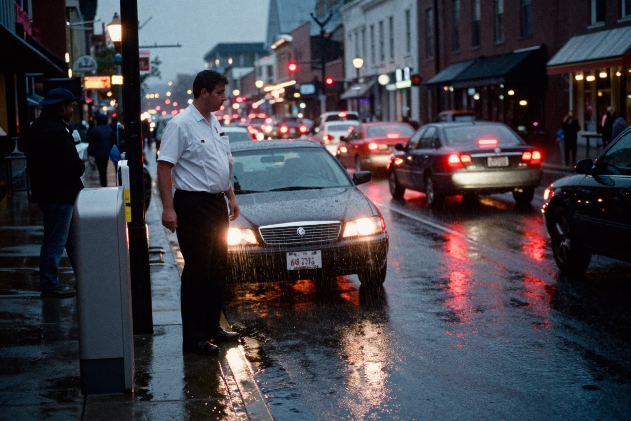 Late Night Nashville Valet Stand Reflecting Headlight Streaks Beneath Hotel Awnings in in Nashville, Tennessee, United States