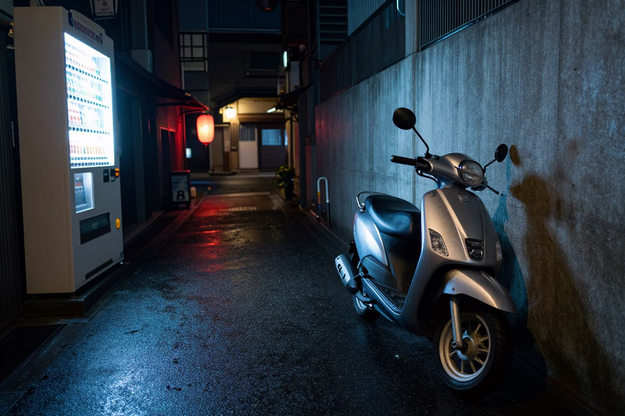 Late Night Neon Alleyway in Fukuoka Japan with Scooter and Canister Set in in Fukuoka, Japan