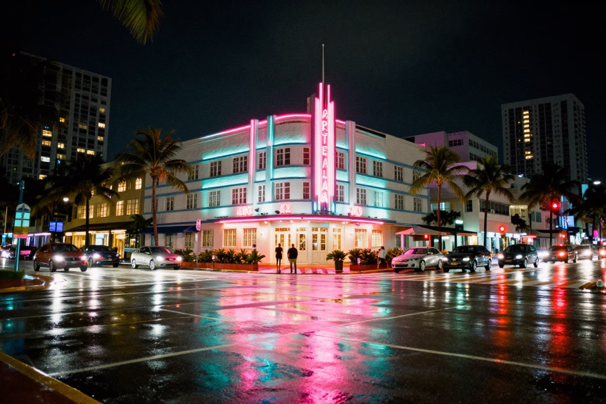 Late Night Neon Reflections on Art Deco Hotel Facade in Miami Beach Florida in in Miami, Florida, United States