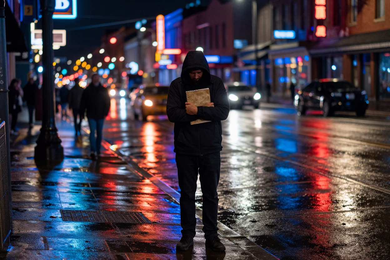 Late Night Neon Reflections on Broadway Nashville Tennessee Street Scene with Notebook in in Nashville, Tennessee, United States