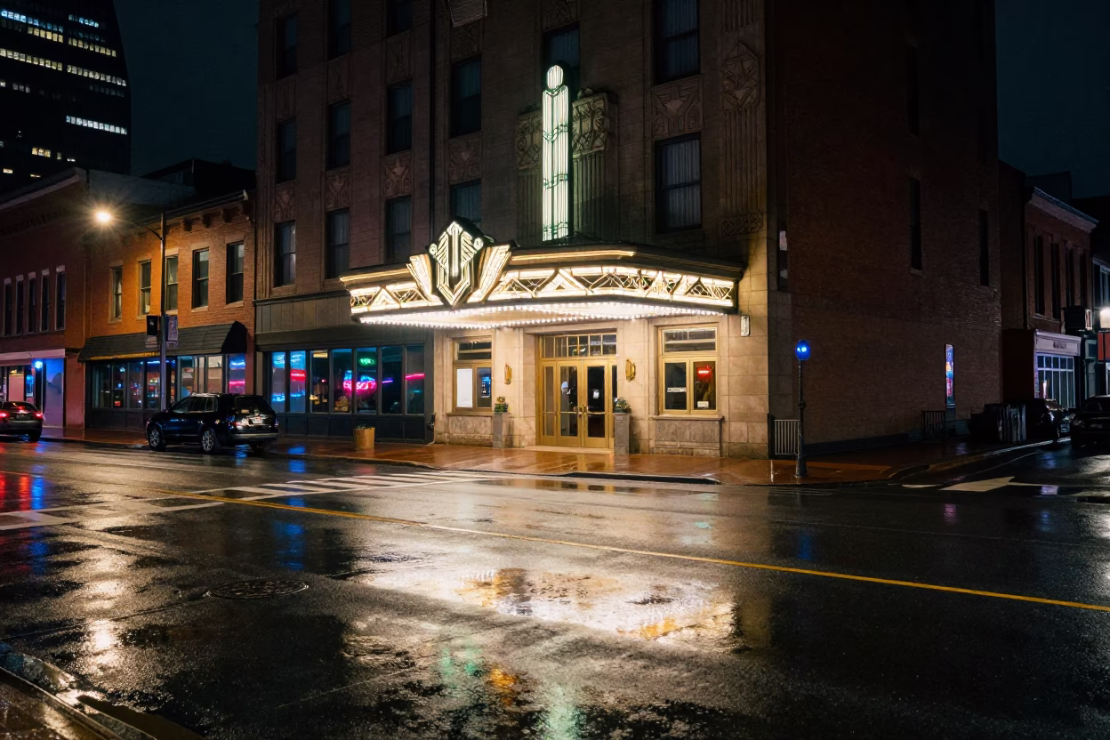 Late Night Neon Reflections on Nashville Tennessee Street Corner with Art Deco Hotel Facade in in Nashville, Tennessee, United States