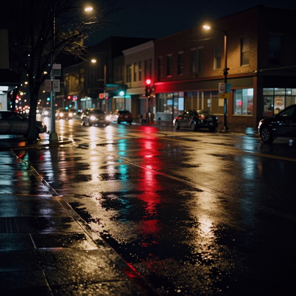Late Night Neon Reflections on Wet Portland Street with Diner Signage and Urban Nightlife in in Portland, Oregon, United States