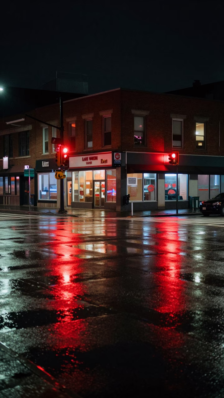 Late Night Neon Reflections on Wet Toronto Street with Thermos and Urban Decay in in Toronto, Ontario, Canada