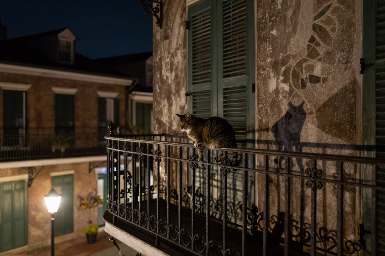 Late Night New Orleans Balcony with Tabby Cat and Mosaic Tile Details in in New Orleans, Louisiana, United States