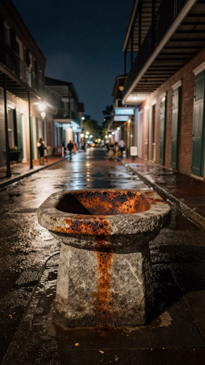 Late Night New Orleans French Quarter Rusty Basin and Sewing Scissors on Balcony in in New Orleans, Louisiana, United States