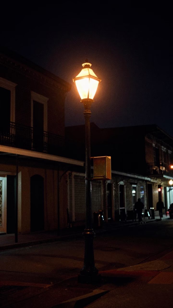 Late Night New Orleans Street Corner with Brass Fixture and Neon Sign Reflections in in New Orleans, Louisiana, United States