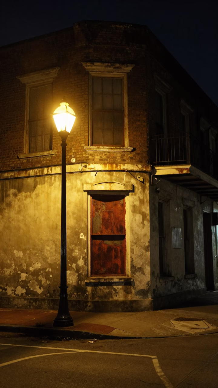 Late Night New Orleans Street Corner with Rusty Window and Kettle in 1950s Style in in New Orleans, Louisiana, United States