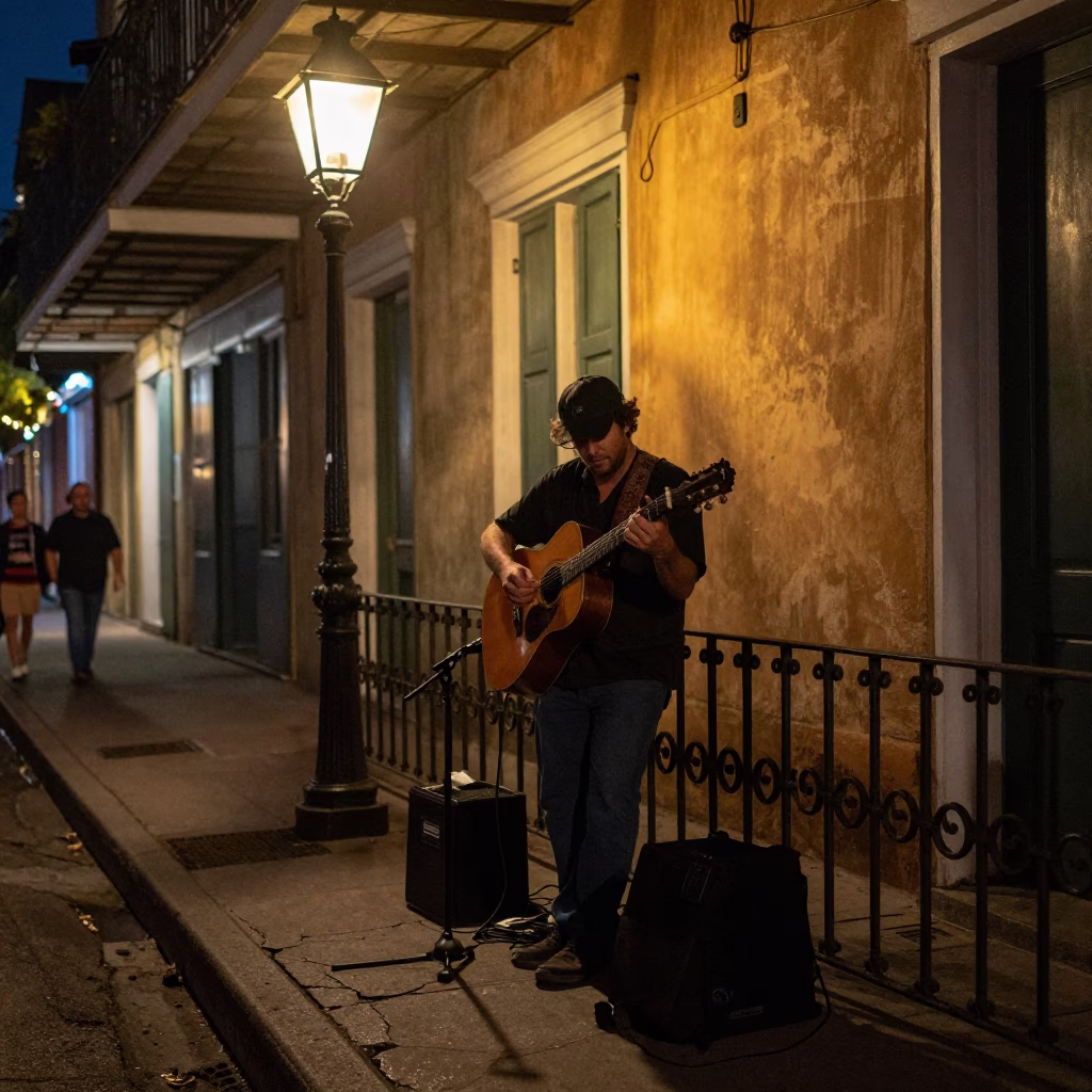 Late Night New Orleans Street Musician Playing Guitar Under Gaslight in in New Orleans, Louisiana, United States