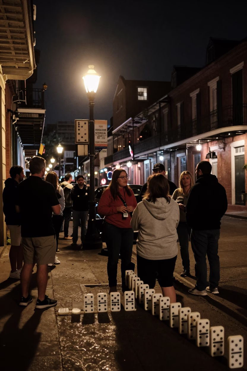 Late Night New Orleans Street Scene with Dominoes and City Lights in in New Orleans, Louisiana, United States