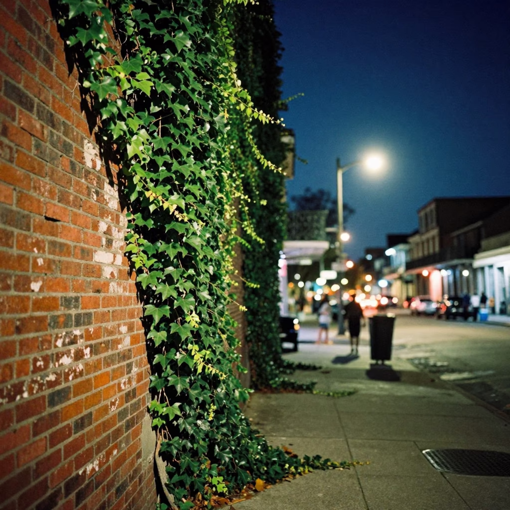 Late Night New Orleans Street Scene with Ivy and Brick Architecture in in New Orleans, Louisiana, United States