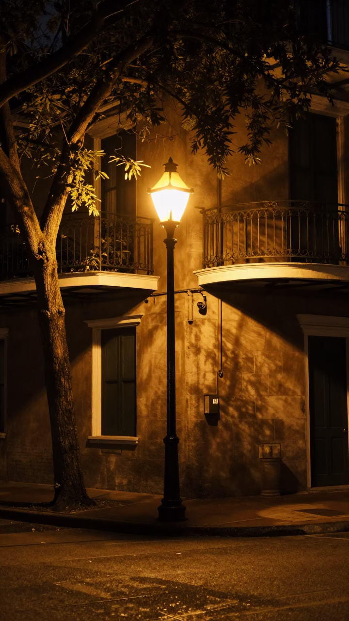 Late Night New Orleans Street Scene with Leaf Shadows and Urban Details in in New Orleans, Louisiana, United States
