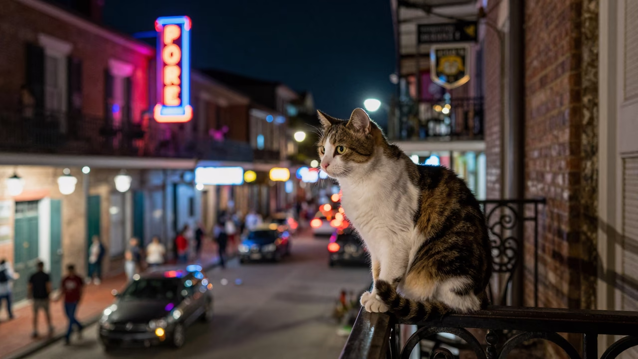 Late Night New Orleans Street Scene with Neon Lights and Urban Activity in in New Orleans, Louisiana, United States
