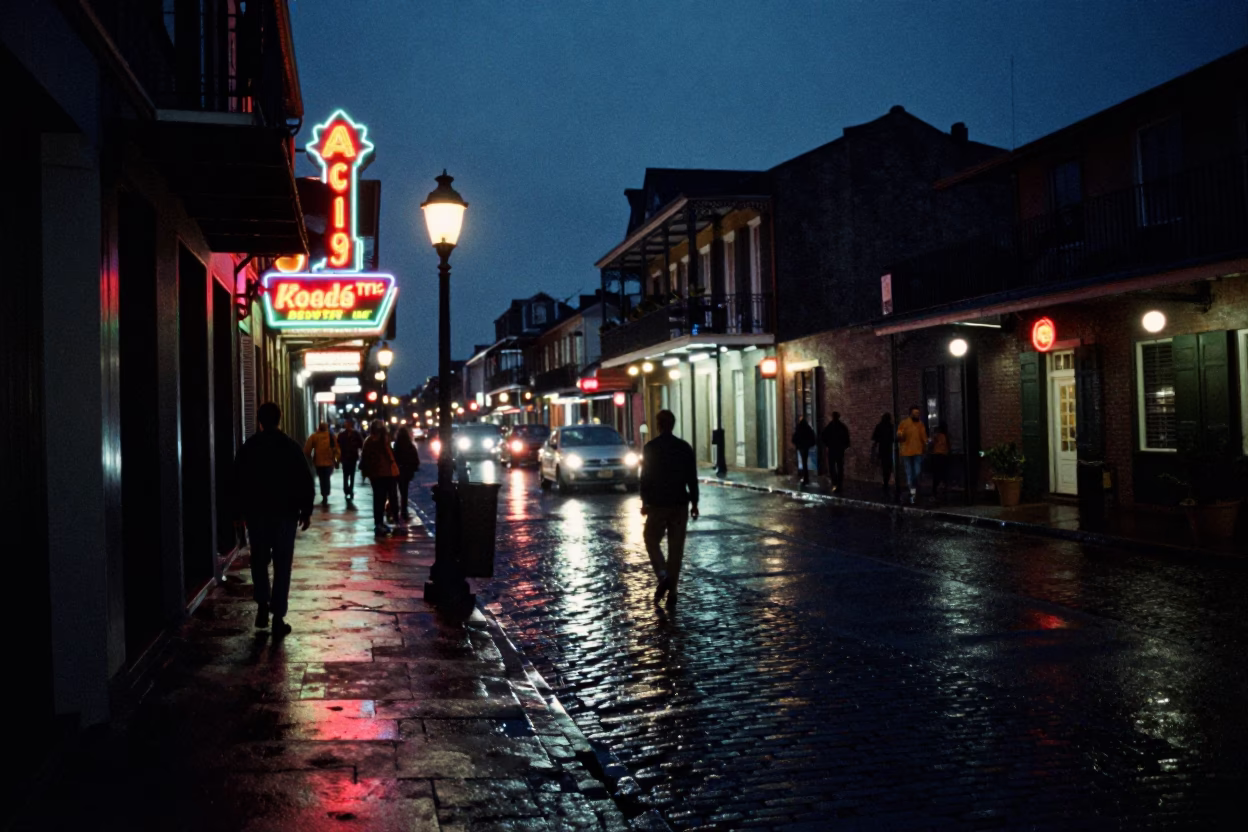 Late Night New Orleans Street Scene with Neon Signs and Urban Activity in in New Orleans, Louisiana, United States