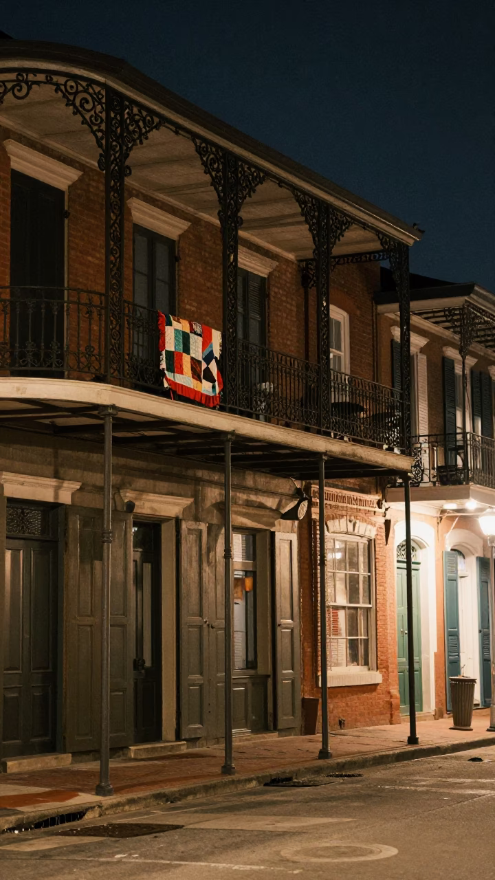Late Night New Orleans Street Scene with Quilt and Urban Details in in New Orleans, Louisiana, United States