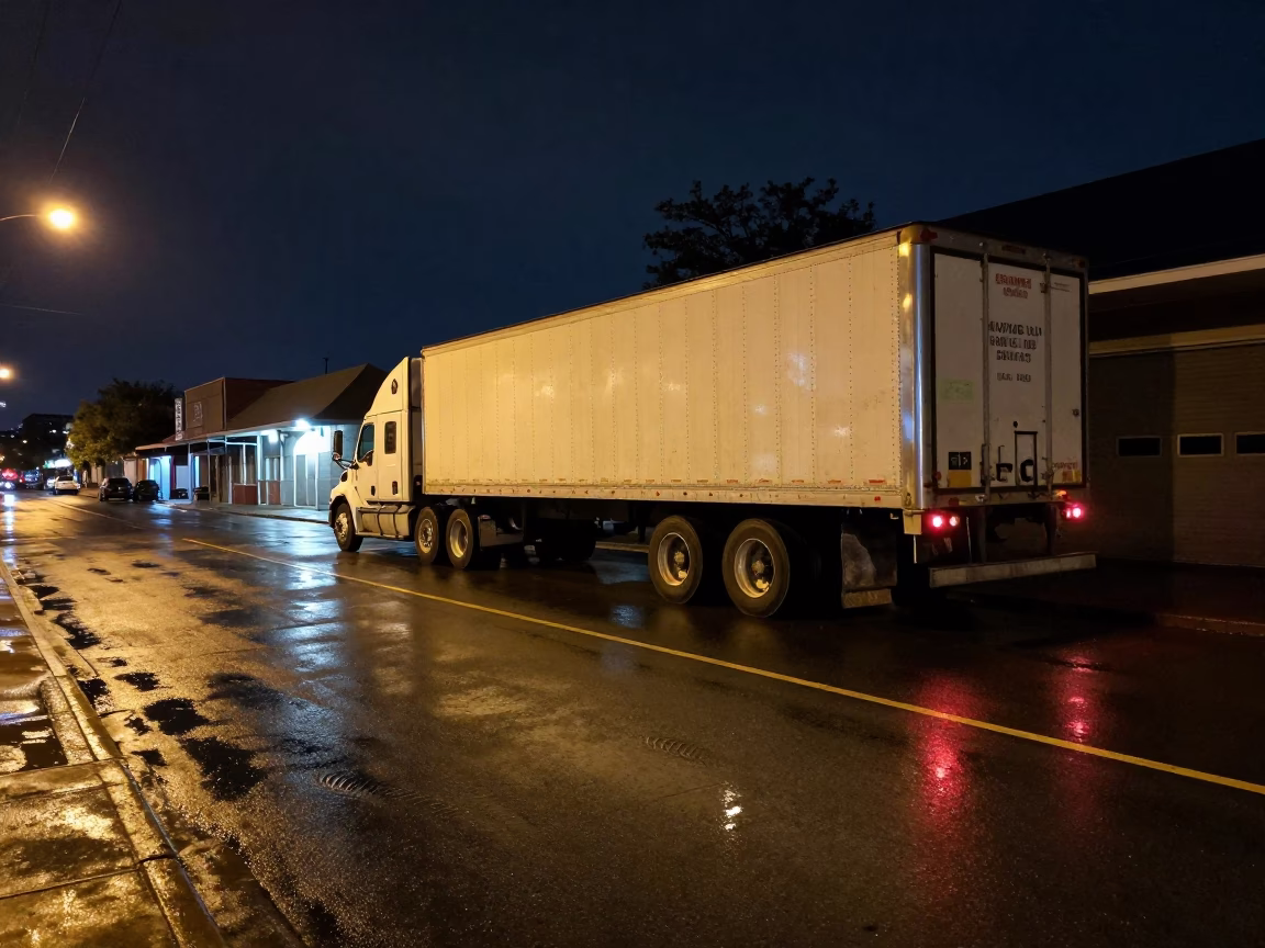 Late Night New Orleans Street Scene with Semi-Trailer and Urban Details in in New Orleans, Louisiana, United States