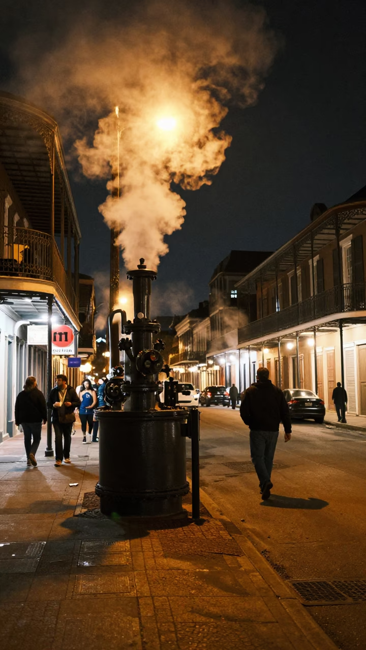 Late Night New Orleans Street Scene with Steam Pipes and Iron Balconies in in New Orleans, Louisiana, United States