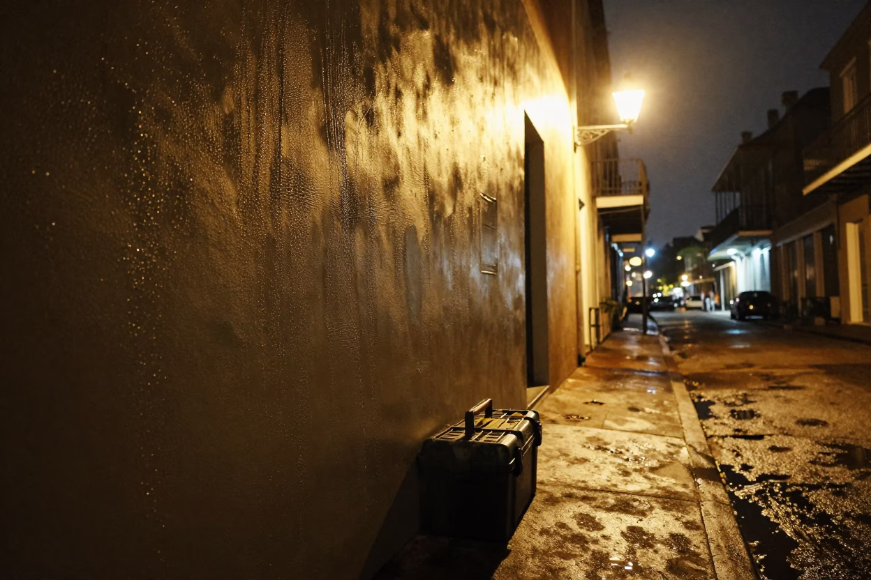 Late Night New Orleans Street Scene With Toolbox And Condensation On Wall in in New Orleans, Louisiana, United States