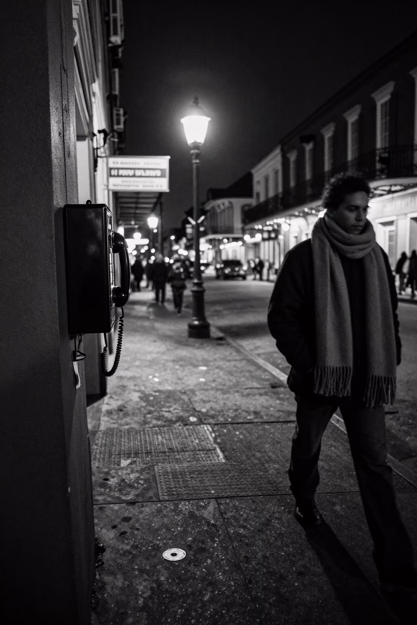 Late Night New Orleans Street Scene with Vintage Bakelite Telephone and Scarf in in New Orleans, Louisiana, United States