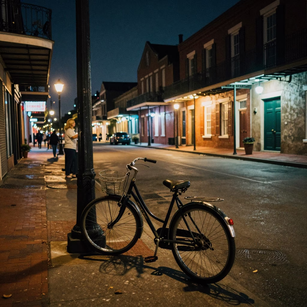 Late Night New Orleans Street Scene with Vintage Bicycle and Urban Details in in New Orleans, Louisiana, United States
