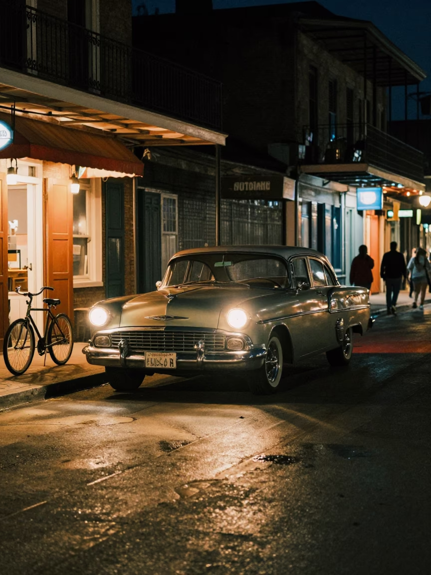Late Night New Orleans Street Scene with Vintage Car and Bicycle in in New Orleans, Louisiana, United States