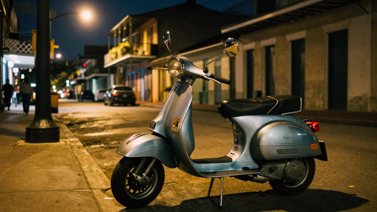 Late Night New Orleans Street Scene with Vintage Scooter and Local Life in in New Orleans, Louisiana, United States