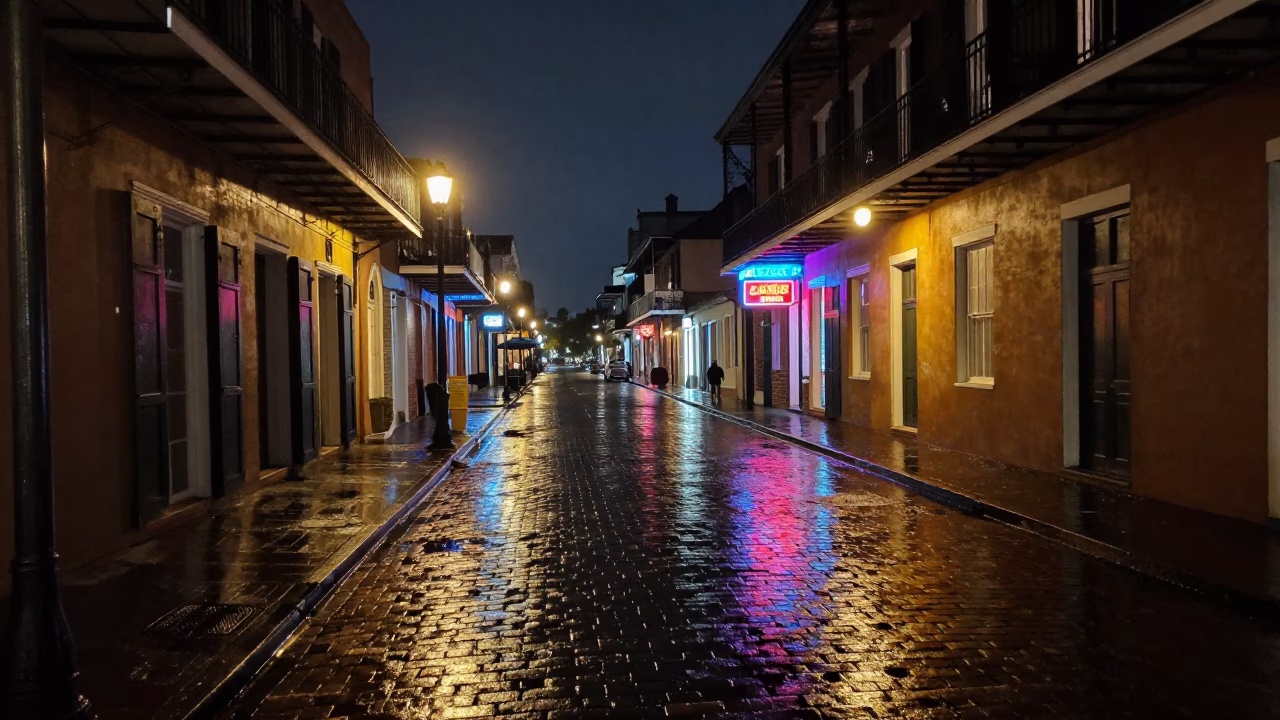 Late Night New Orleans Street Scene with Wet Pavement and Neon Reflections in in New Orleans, Louisiana, United States