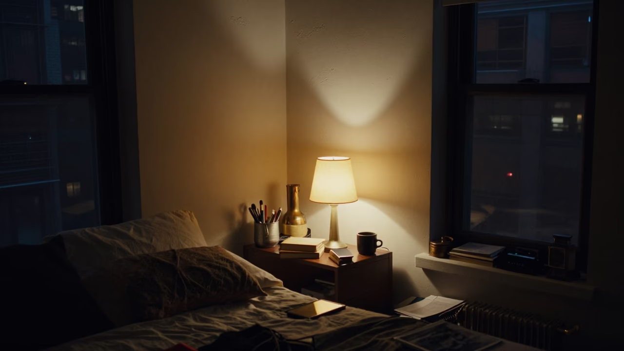 Late Night New York Apartment Interior with Bedside Lamp and City Window Light Reflections in in New York, New York, United States