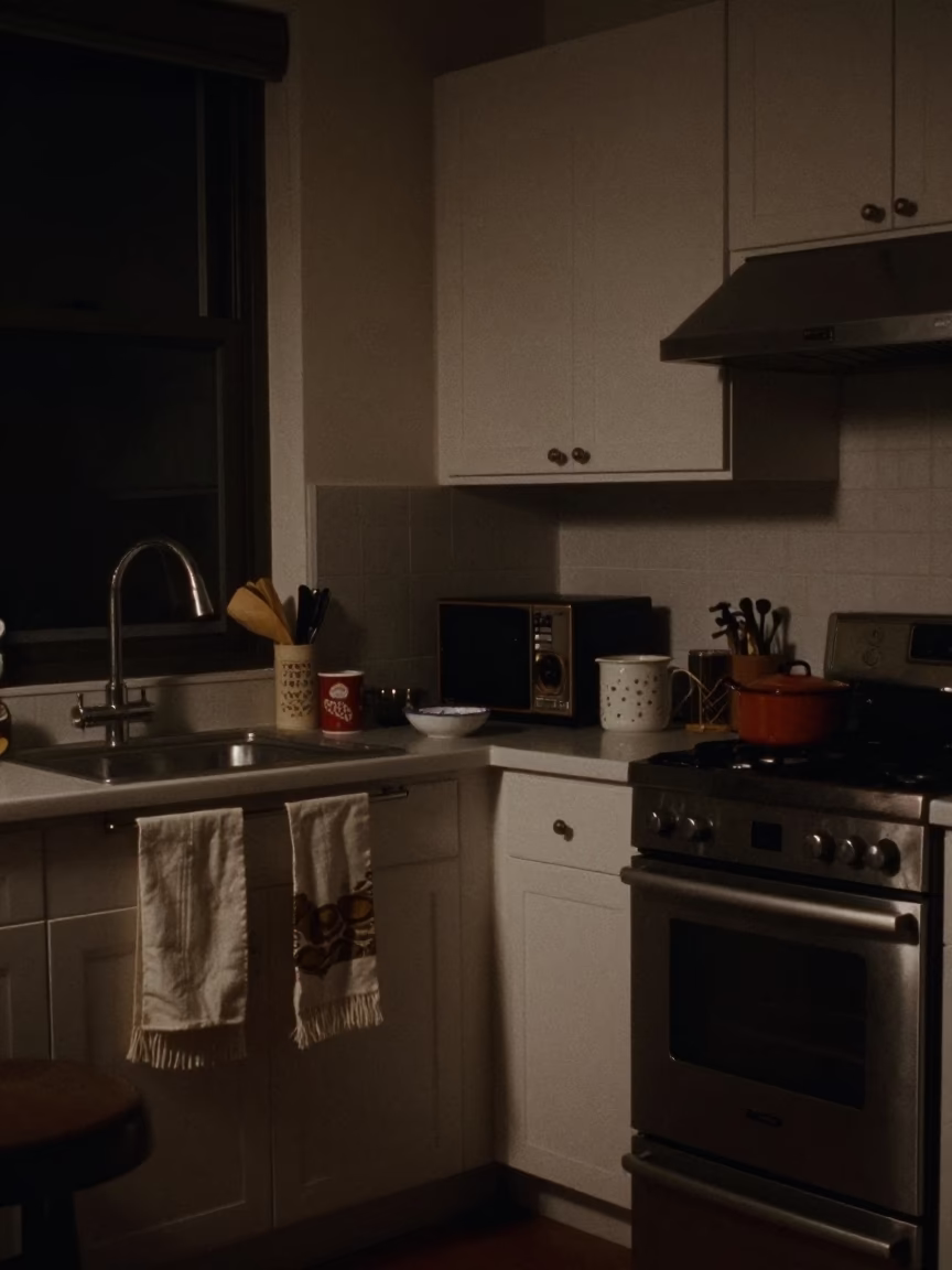 Late Night New York Apartment Kitchen with Linen Fringe and Ceramic Canisters in in New York, New York, United States