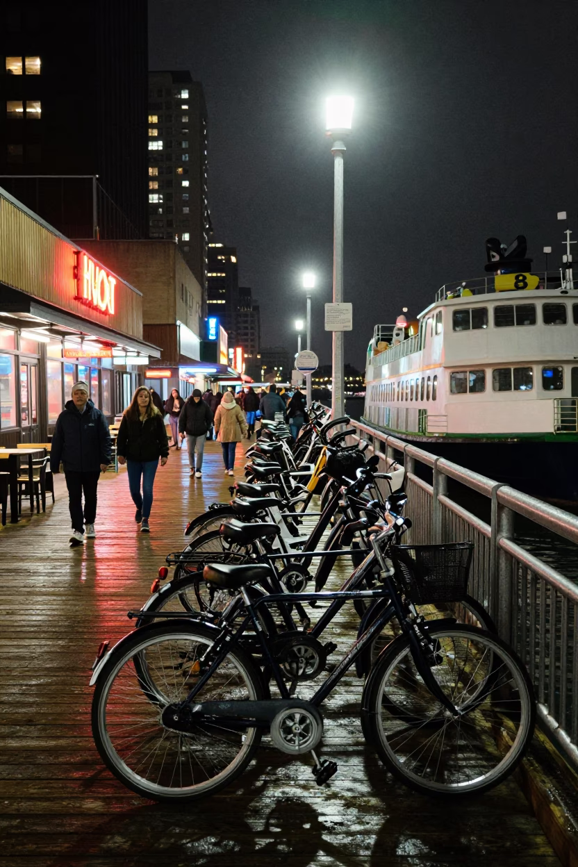Late Night New York City Ferry Dock Scene with Bicycles and Urban Reflections in in New York, New York, United States