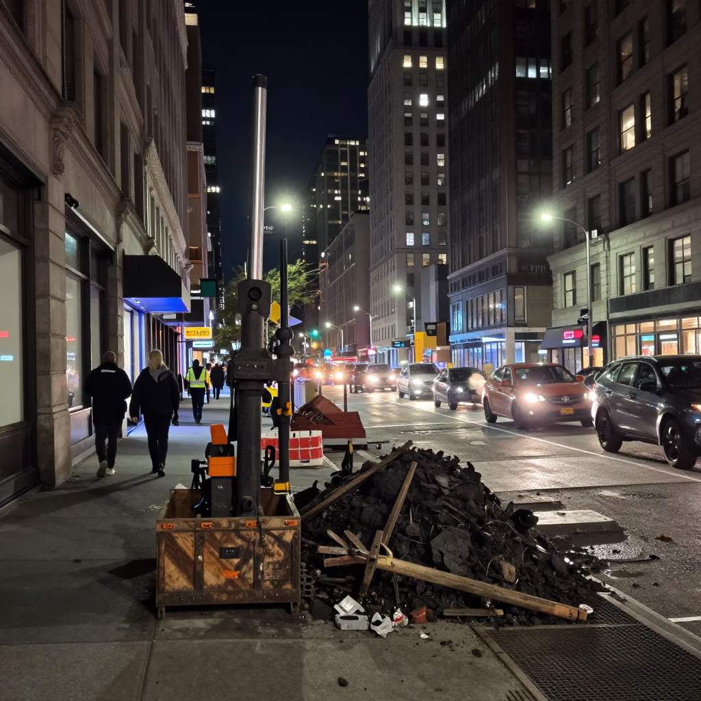 Late Night New York City Street Scene with Construction Pile Driver and Urban Life in in New York, New York, United States