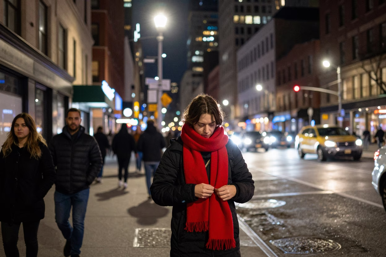 Late Night New York City Street Scene with Wool Scarves and Urban Shadows in in New York, New York, United States