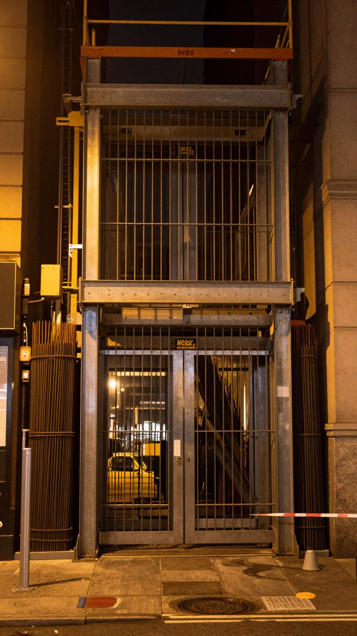 Late Night New York Construction Elevator Gate with Rebar Bundles in in New York, New York, United States