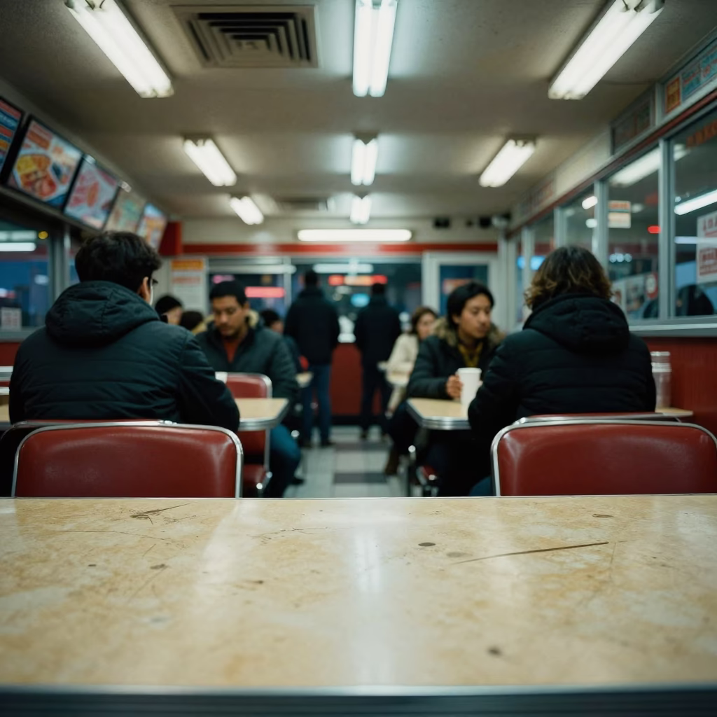 Late Night New York Diner Interior with Smudged Tabletop and Tiffin Tin in in New York, New York, United States