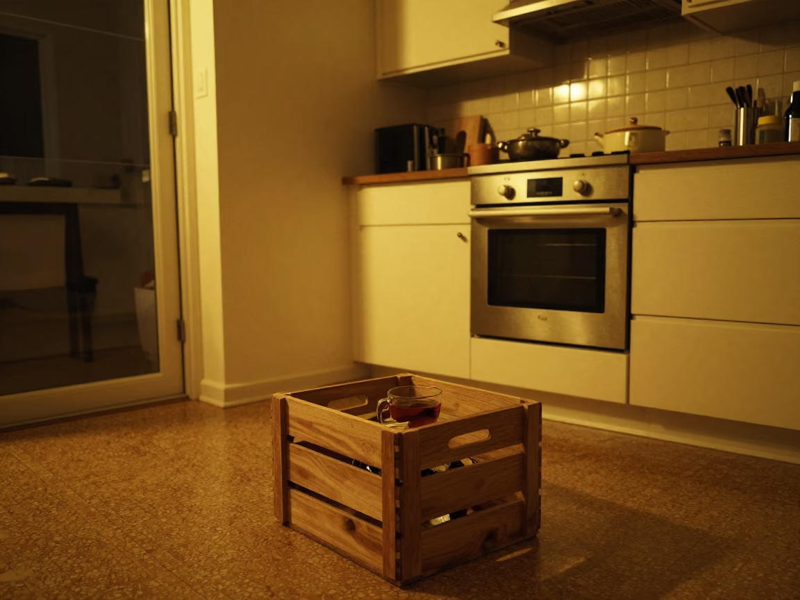Late Night New York Kitchen with Wooden Crate and Tea Towel in in New York, New York, United States