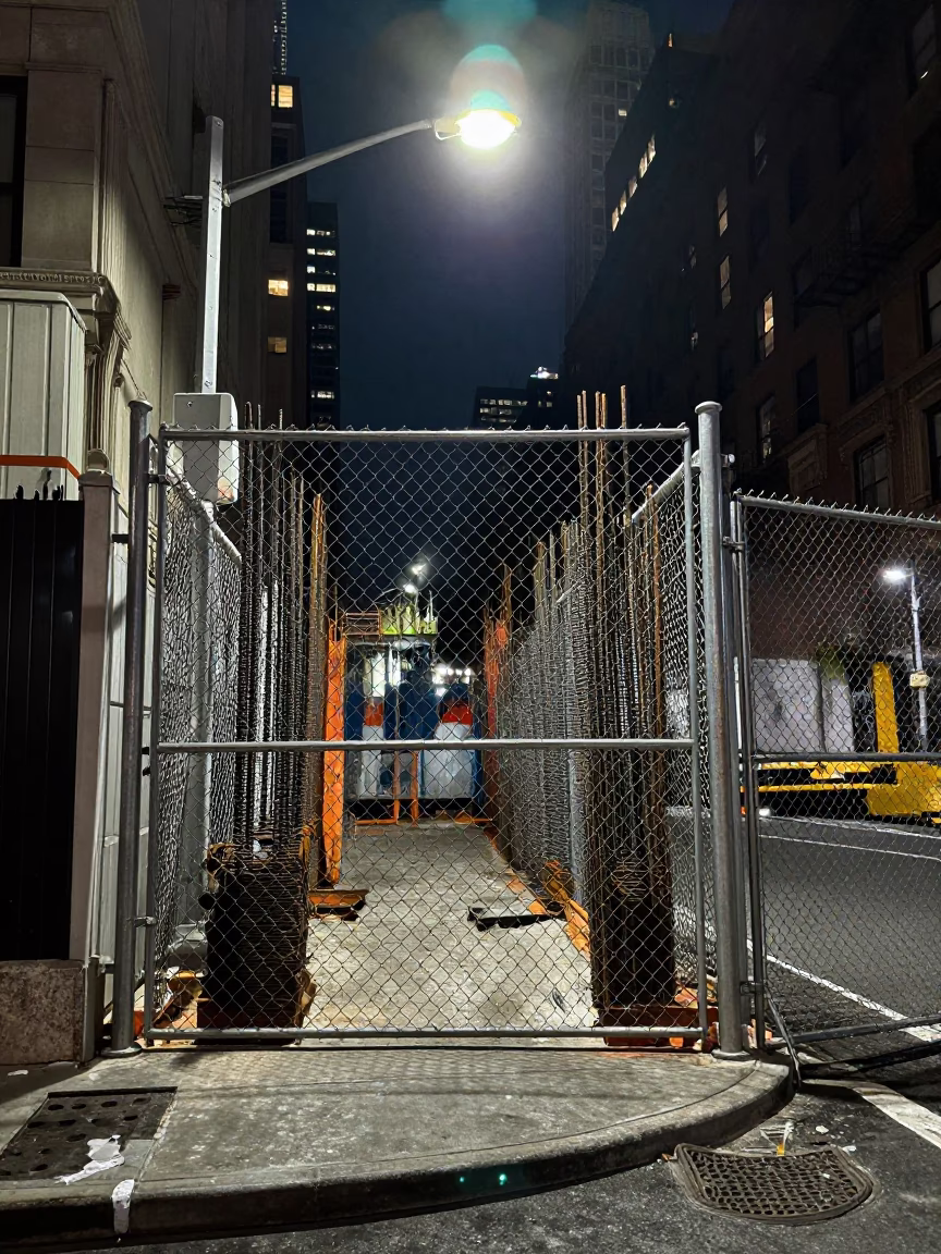 Late Night New York Street Corner with Construction Elevator Gate and Rebar Bundles in in New York, New York, United States